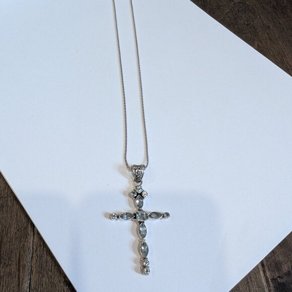 Brand New Silver Blue Topaz Cross Necklace For Sale - Picture 2 of 5